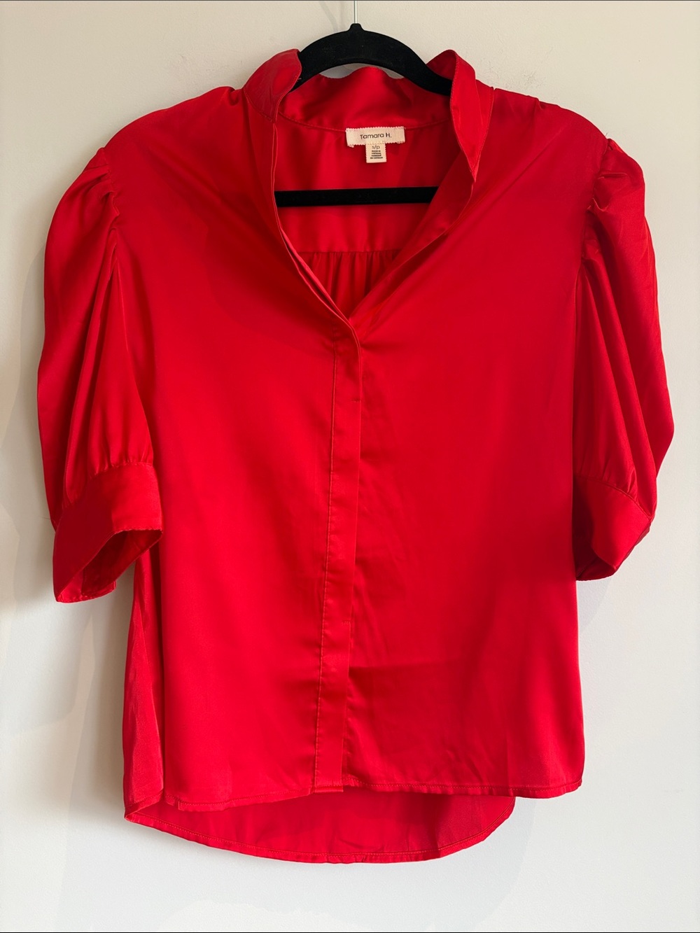 Tamara H. Red Satin Puff Sleeve Blouse Statement Top Small